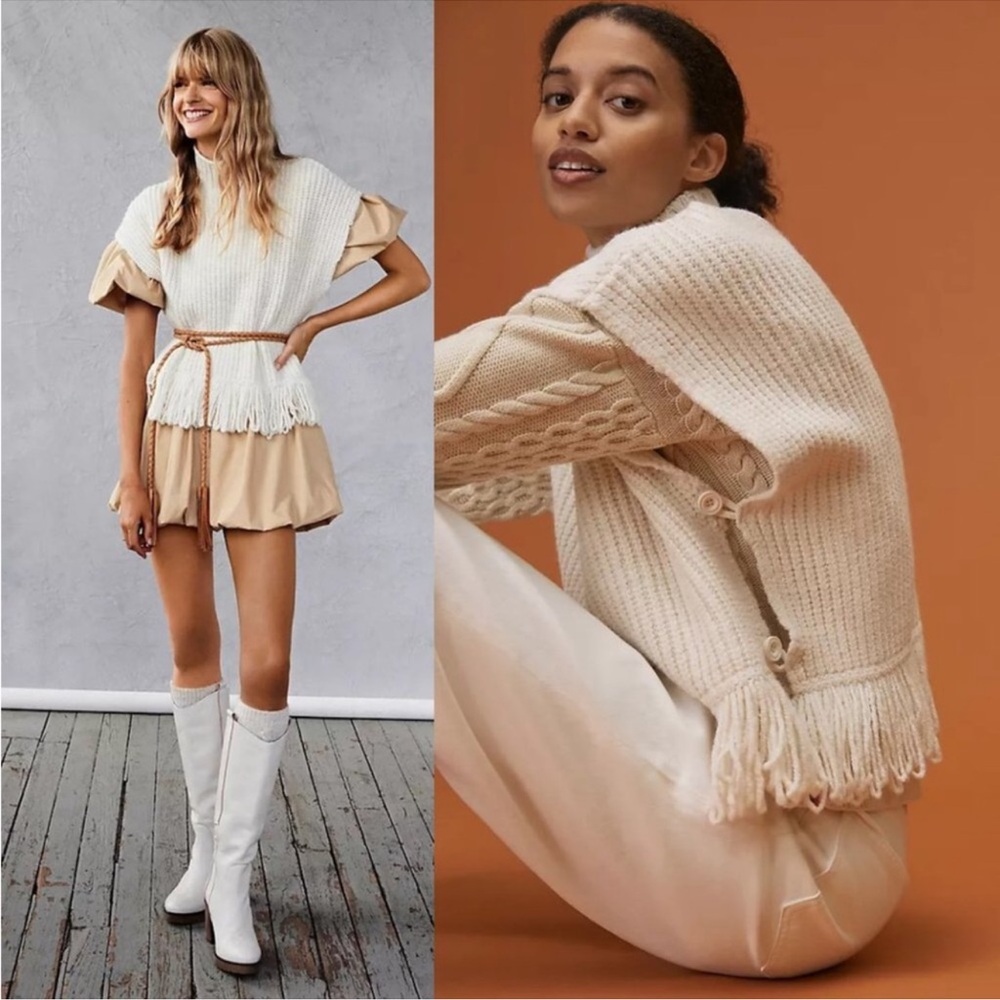Anthropologie | Ivory Cream Mock Neck Fringe Pullover Sweater Poncho